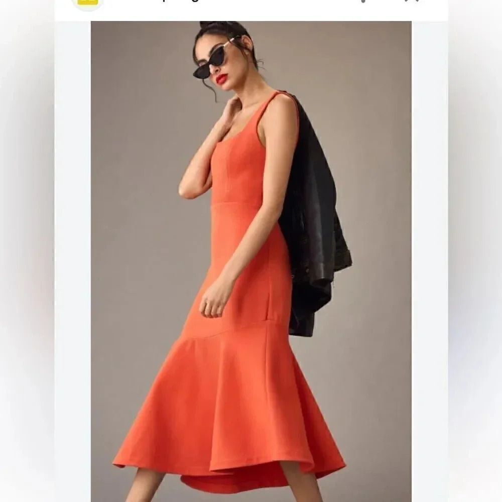 NWT Anthropologie Ariana Square-Neck Asymmetrical Ruffle Hem ORANGE Dress Sz xl